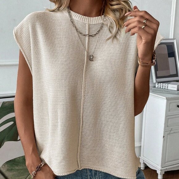 Casual Womens Solid Batwing Sleeve Sweater Vest Apricot - Picture 1 of 6
